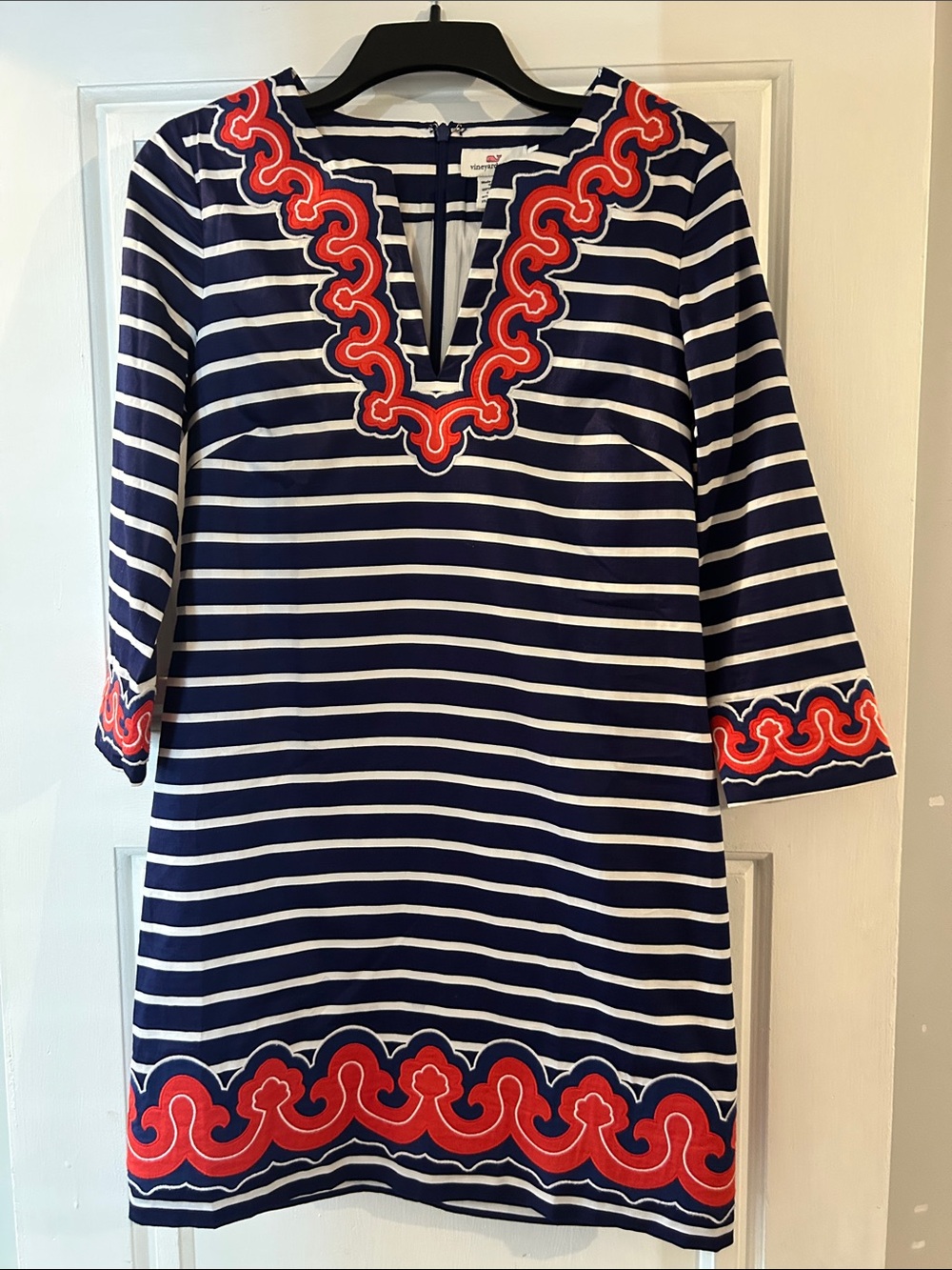 Vineyard Vines Navy & White Striped Dress with Red Trim